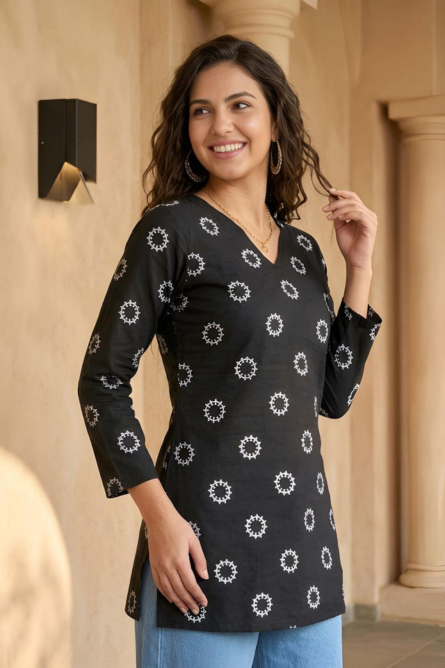 Black Geometric Printed Cotton Short Kurti (ACA9037)