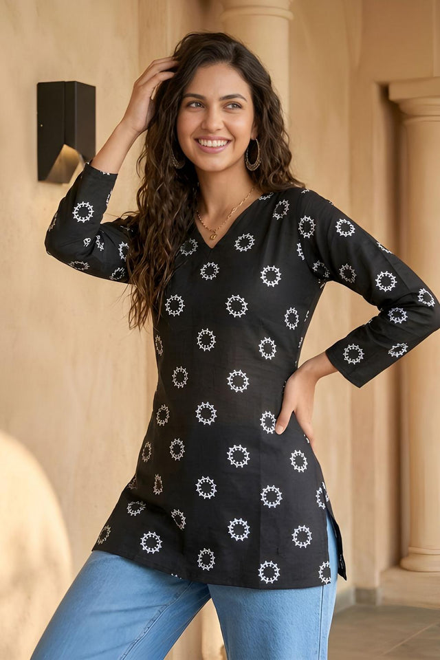 Black Geometric Printed Cotton Short Kurti (ACA9037)