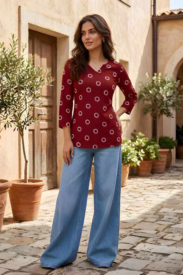 Maroon Geometric Printed Cotton Short Kurti (ACA9038)