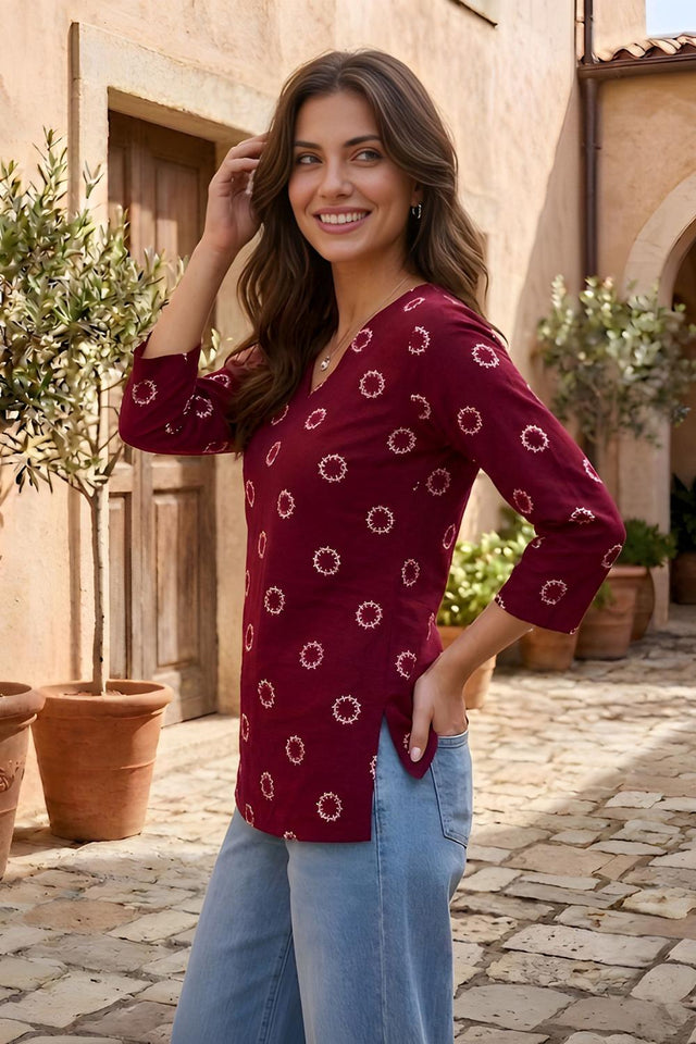 Maroon Geometric Printed Cotton Short Kurti (ACA9038)