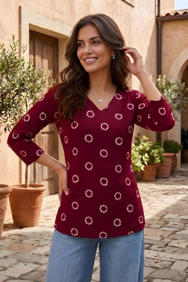 Maroon Geometric Printed Cotton Short Kurti (ACA9038)