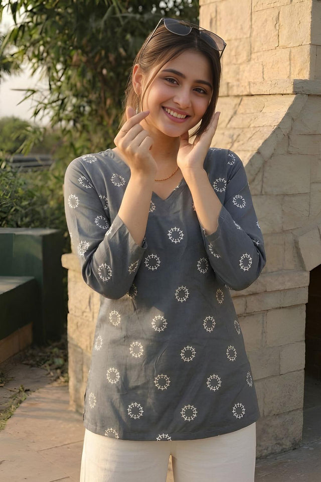 Grey Geometric Printed Cotton Short Kurti (ACA9039)