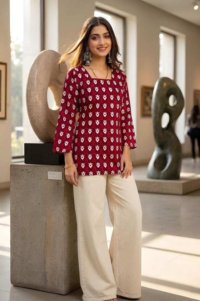 Maroon Printed Cotton Short Kurti (ACA9040)