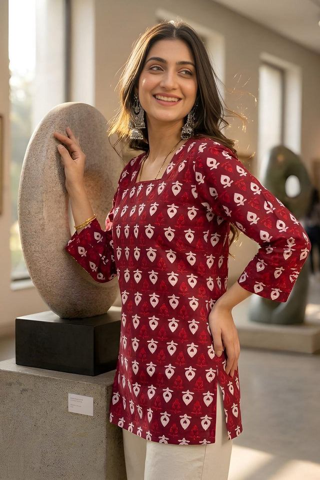 Maroon Printed Cotton Short Kurti (ACA9040)