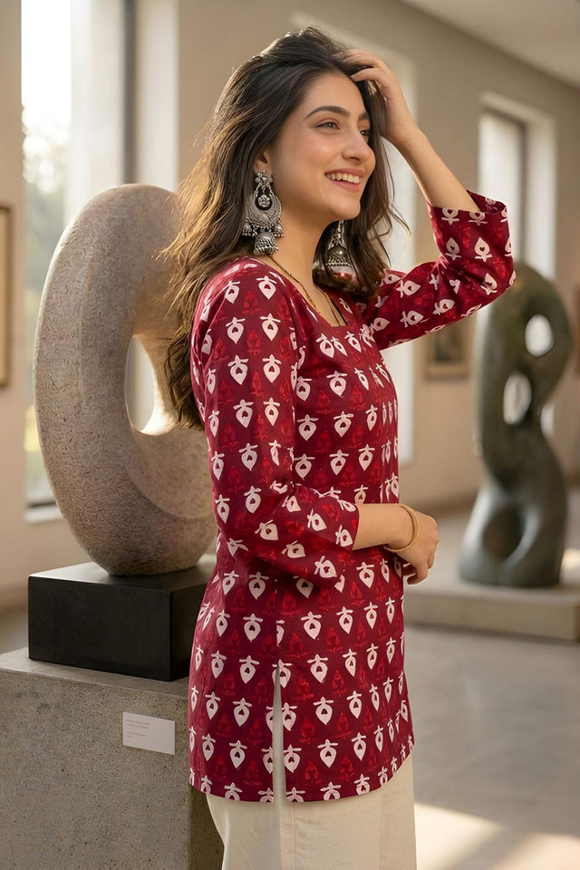 Maroon Printed Cotton Short Kurti (ACA9040)