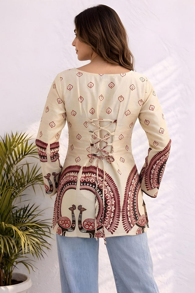 Off White Printed Cotton Short Kurti (ACA9041)