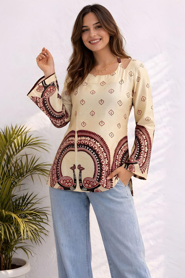 Off White Printed Cotton Short Kurti (ACA9041)