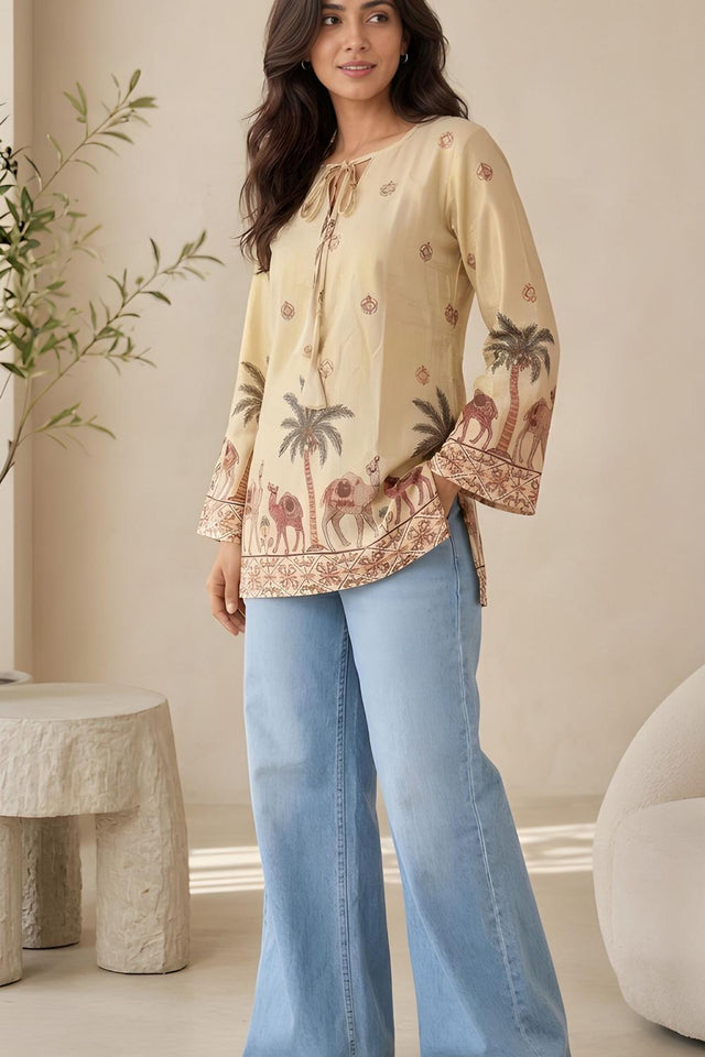 Off White Printed Cotton Short Kurti (ACA9043)