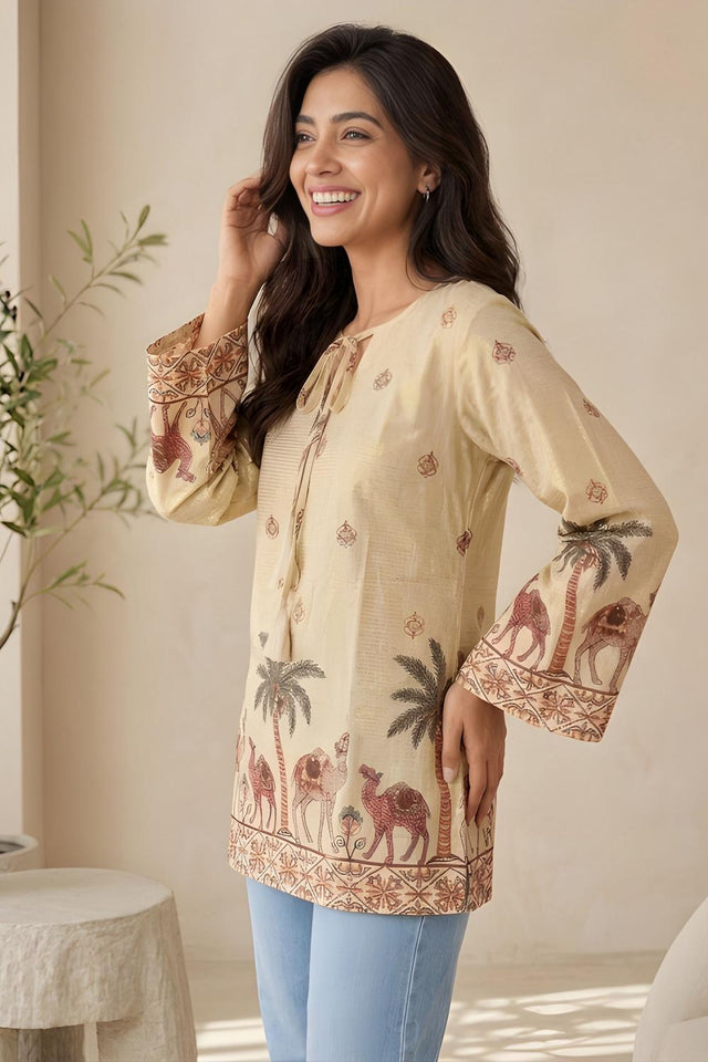 Off White Printed Cotton Short Kurti (ACA9043)
