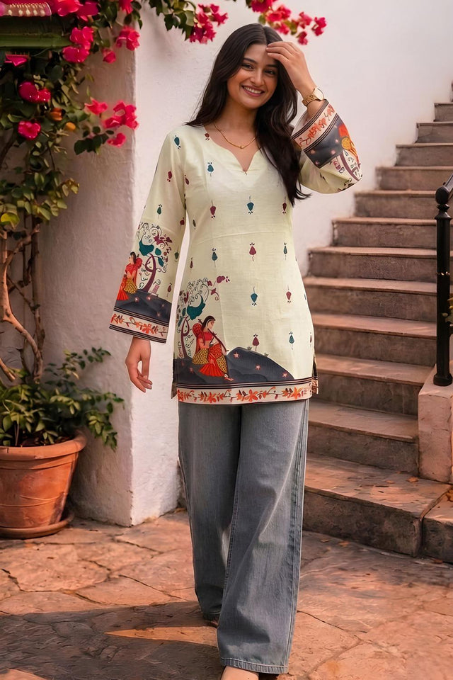 Cream Printed Cotton Short Kurti (ACA9045)