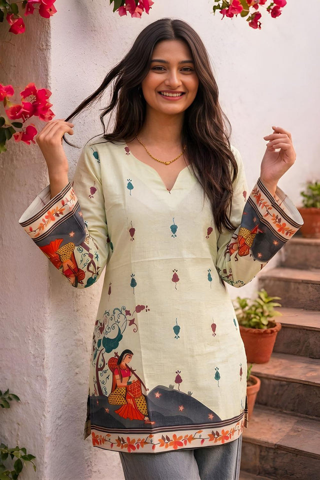 Cream Printed Cotton Short Kurti (ACA9045)