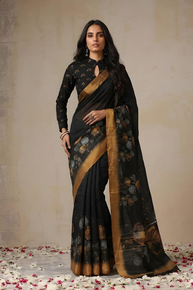 Black Floral Printed Cotton Saree (ACA9052)