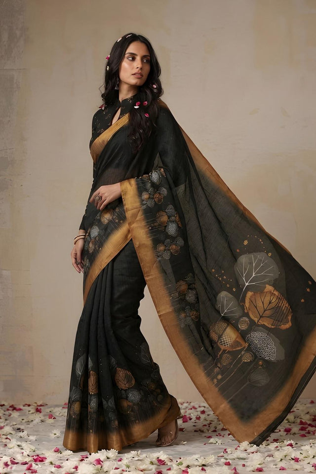 Black Floral Printed Cotton Saree (ACA9052)