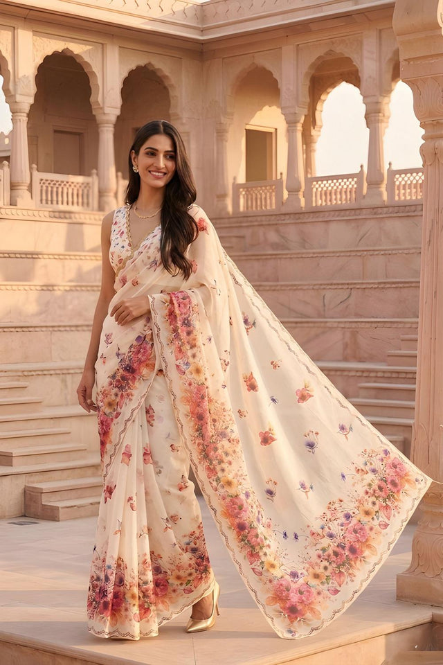 Cream Floral Printed Cotton Saree (ACA9055)