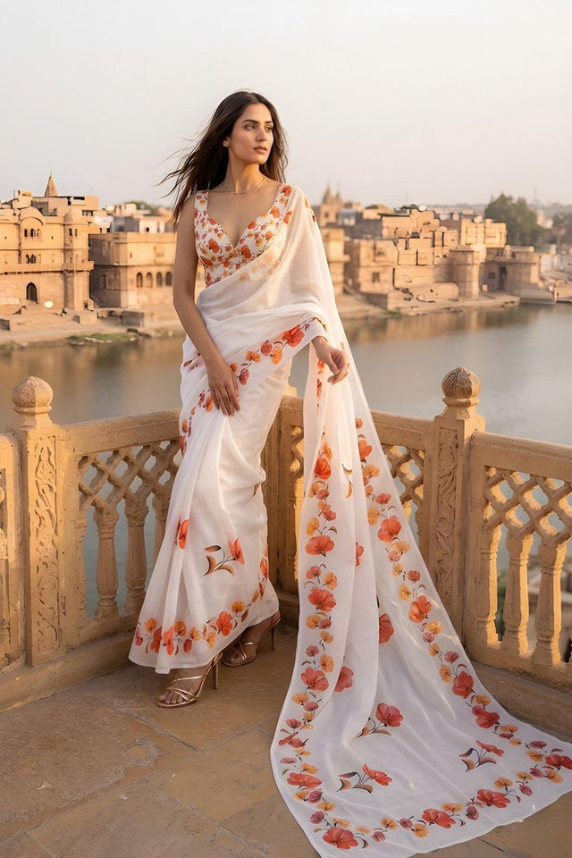 White Floral Printed Cotton Saree (ACA9058)