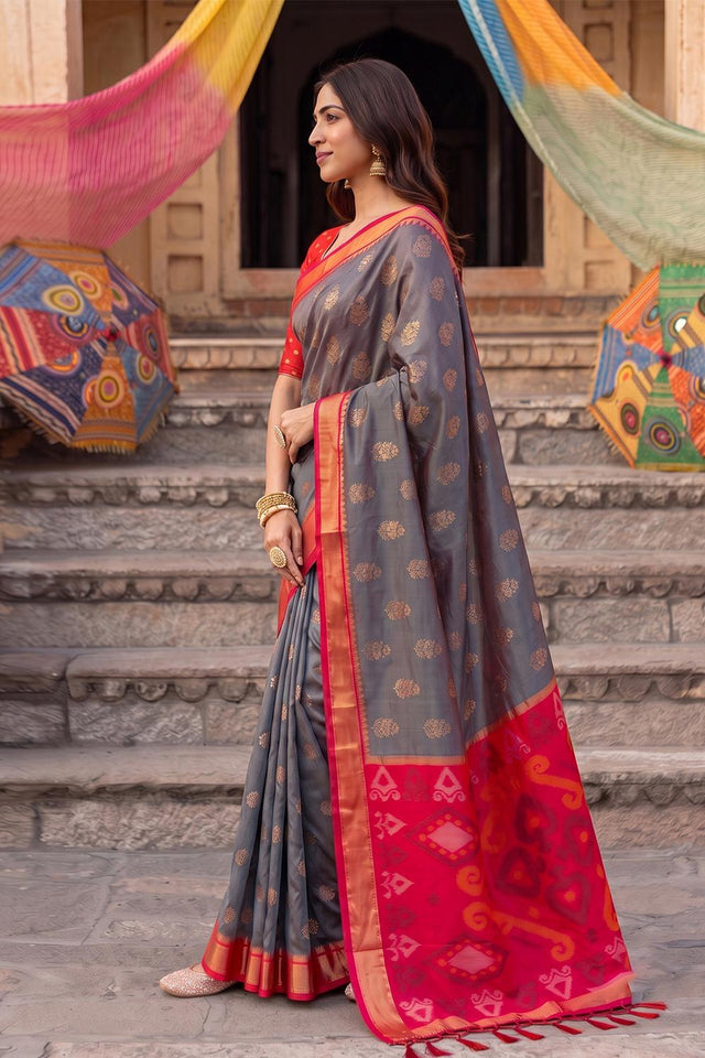 Grey Zari Woven Soft Silk Saree (ACA9062)