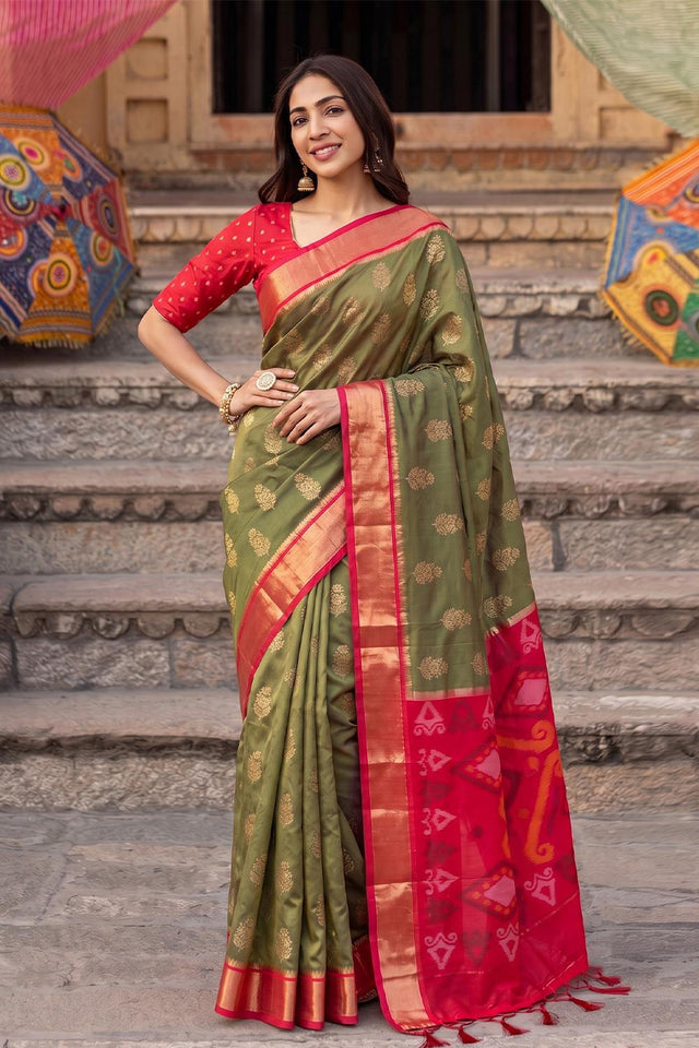 Mehendi Zari Woven Soft Silk Saree (ACA9065)