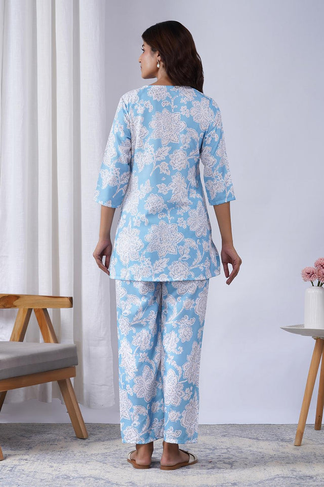 Blue Floral Printed Rayon Co-Ord Set (ACA9077)