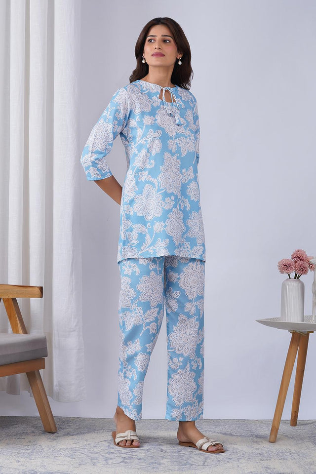 Blue Floral Printed Rayon Co-Ord Set (ACA9077)