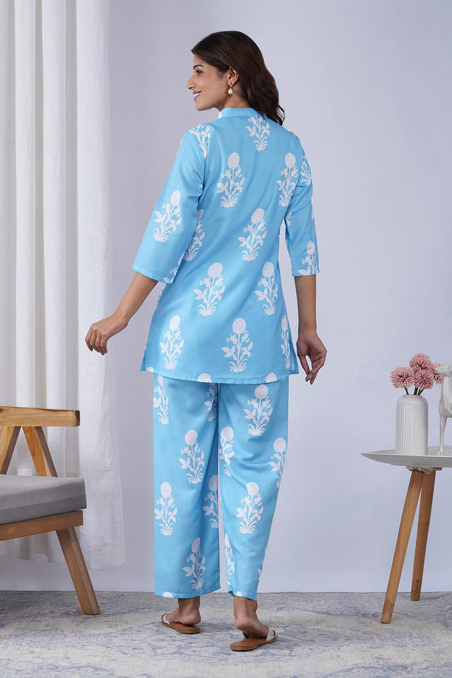 Blue Floral Printed Rayon Co-Ord Set (ACA9079)