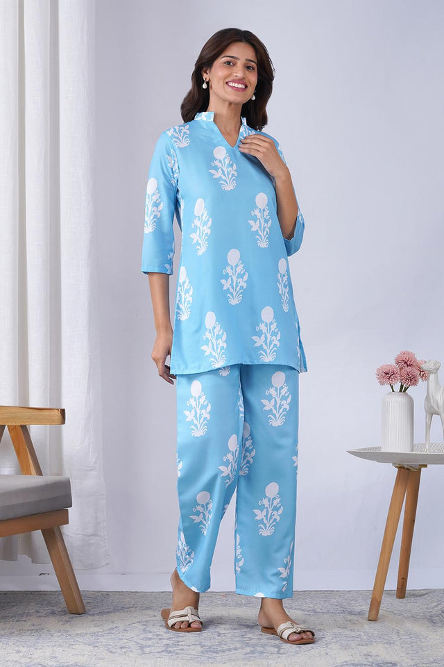 Blue Floral Printed Rayon Co-Ord Set (ACA9079)