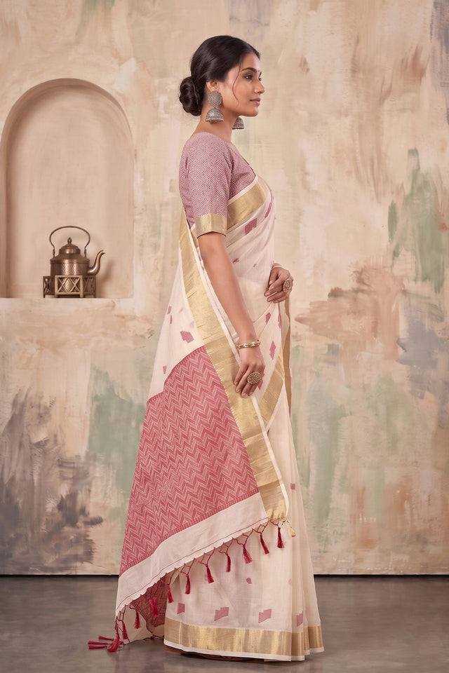 Cream Woven Linen Saree (ACA9082)