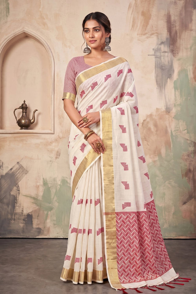 White Woven Linen Saree (ACA9087)