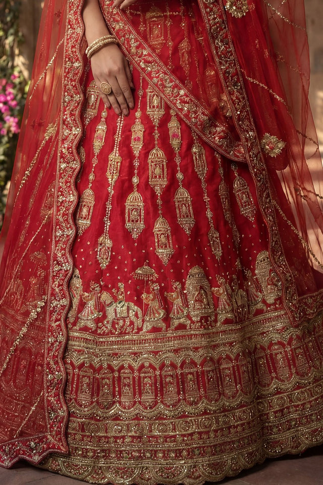 Red Embroidered Silk Lehenga (ACA9089)