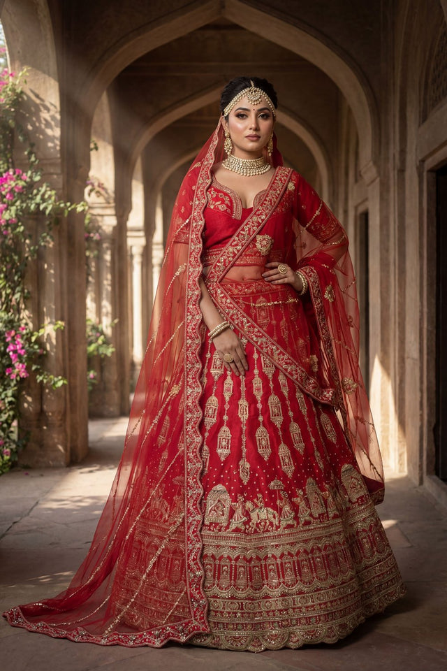 Red Embroidered Silk Lehenga (ACA9089)