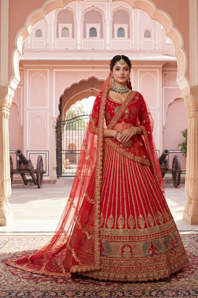 Red Embroidered Silk Lehenga (ACA9092)