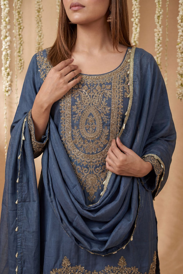 Blue Floral Embroidered Tissue Straight Cut Suit (ACA9093)