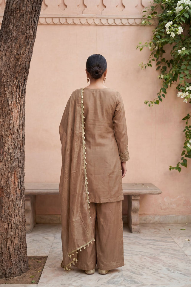 Beige Floral Embroidered Tissue Straight Cut Suit (ACA9094)
