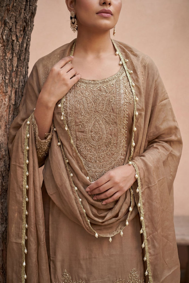 Beige Floral Embroidered Tissue Straight Cut Suit (ACA9094)
