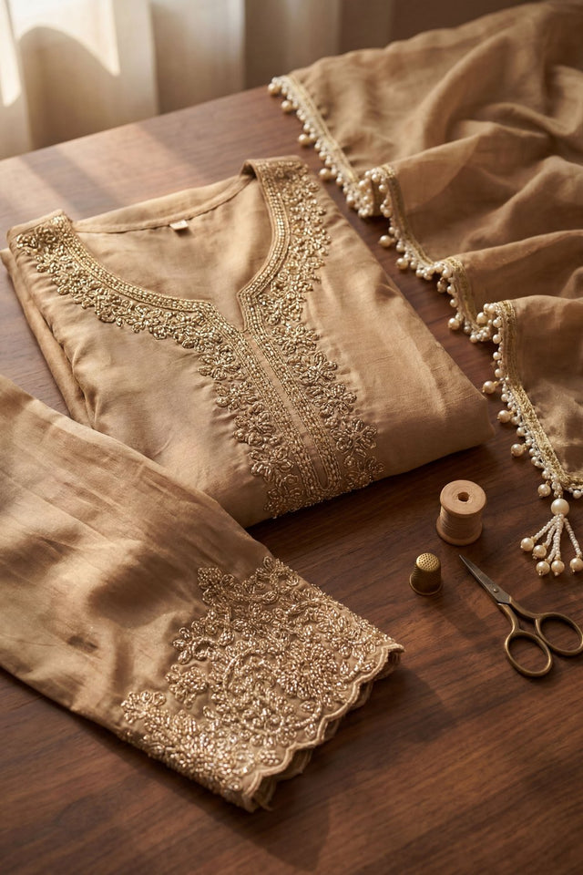 Beige Floral Embroidered Tissue Straight Cut Suit (ACA9094)