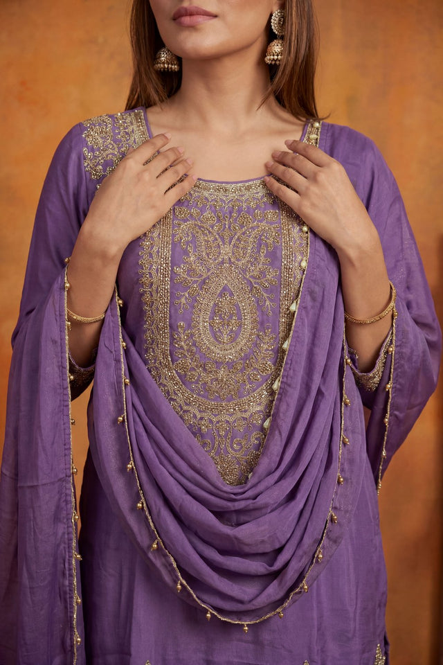 Lavender Floral Embroidered Tissue Straight Cut Suit (ACA9095)