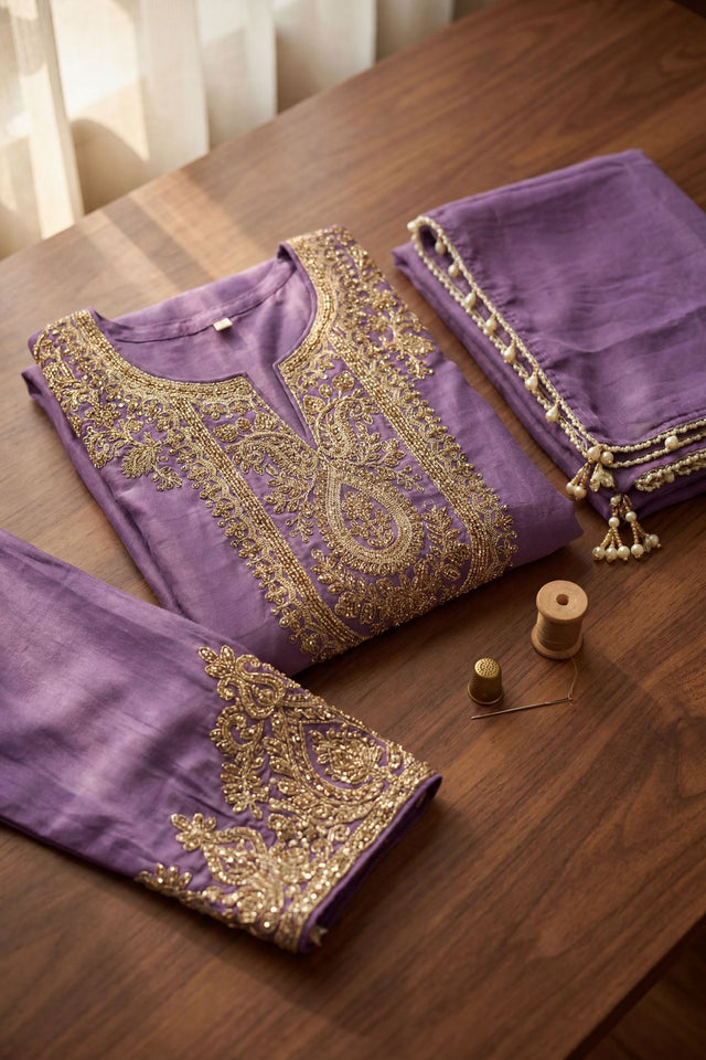 Lavender Floral Embroidered Tissue Straight Cut Suit (ACA9095)