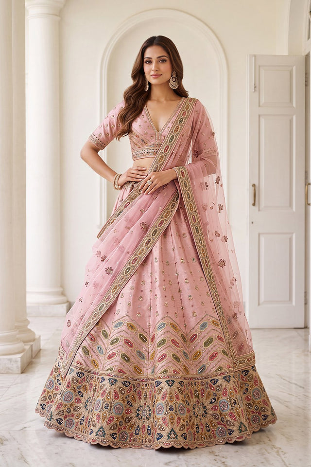 Pink Embroidered Silk Lehenga (ACA9097)