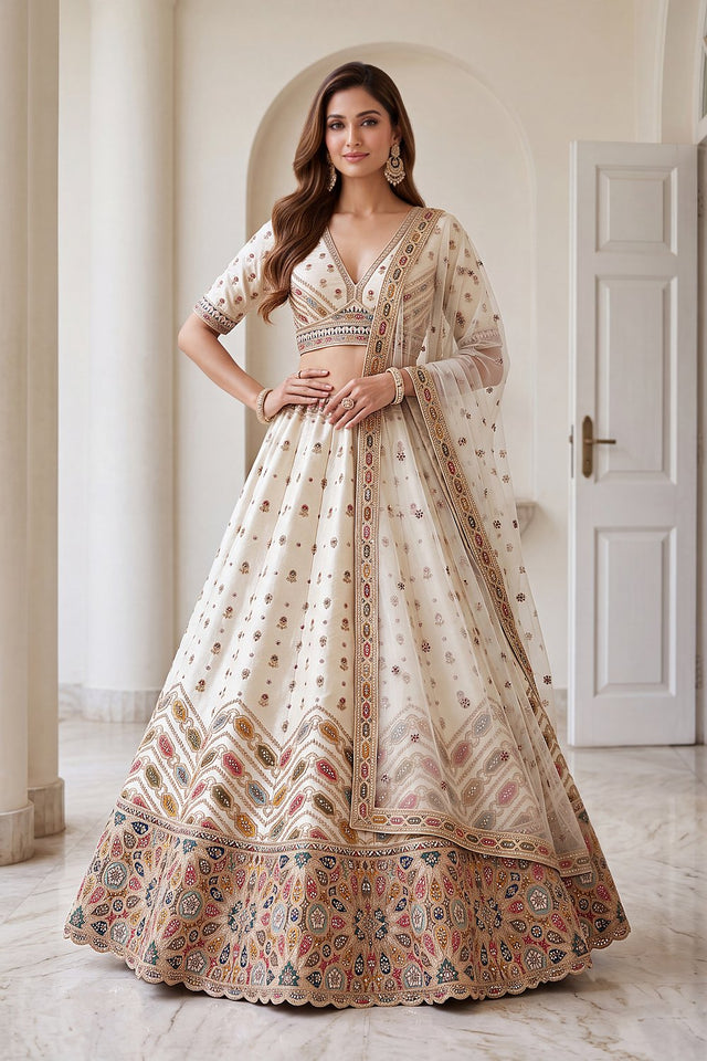 White Embroidered Silk Lehenga (ACA9098)
