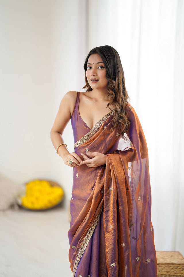 Blue Two Tone with Embroidered Satin Saree (ACA9099)