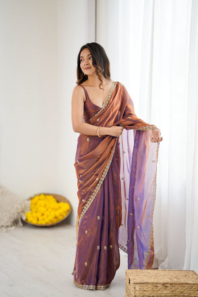 Blue Two Tone with Embroidered Satin Saree (ACA9099)