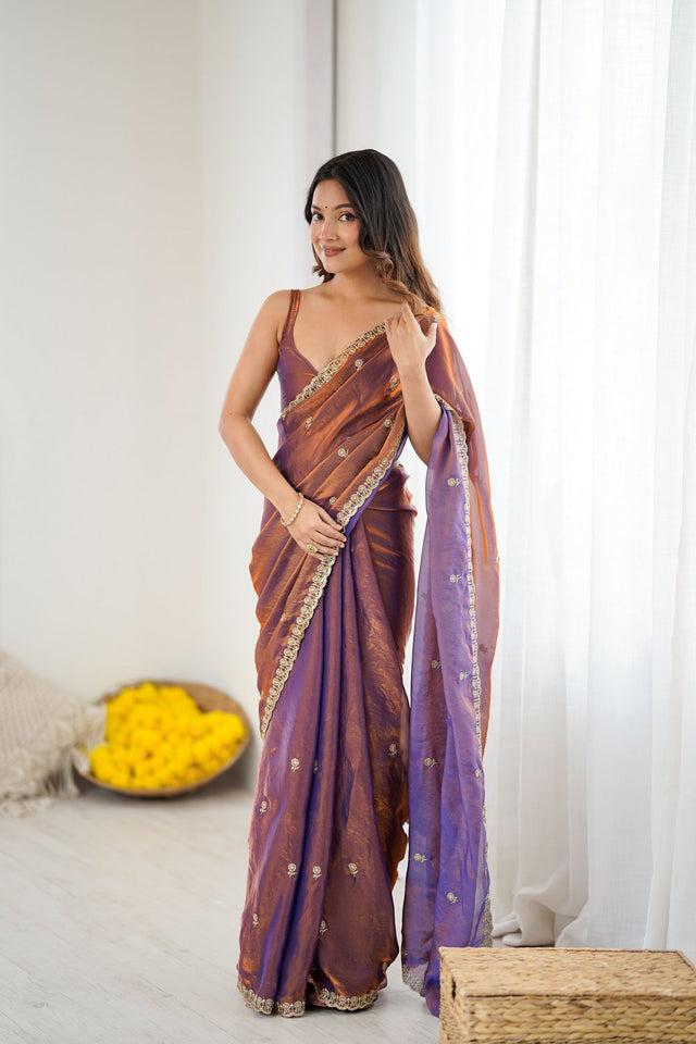 Blue Two Tone with Embroidered Satin Saree (ACA9099)