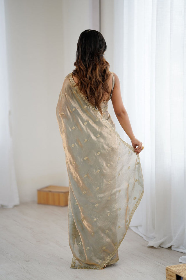 Beige Two Tone with Embroidered Satin Saree (ACA9100)