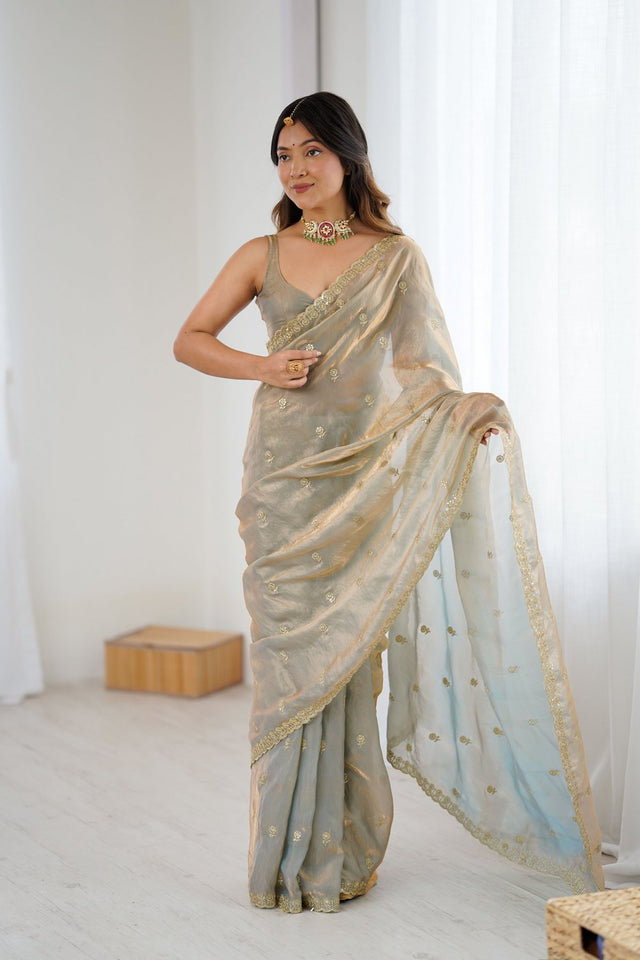 Beige Two Tone with Embroidered Satin Saree (ACA9100)