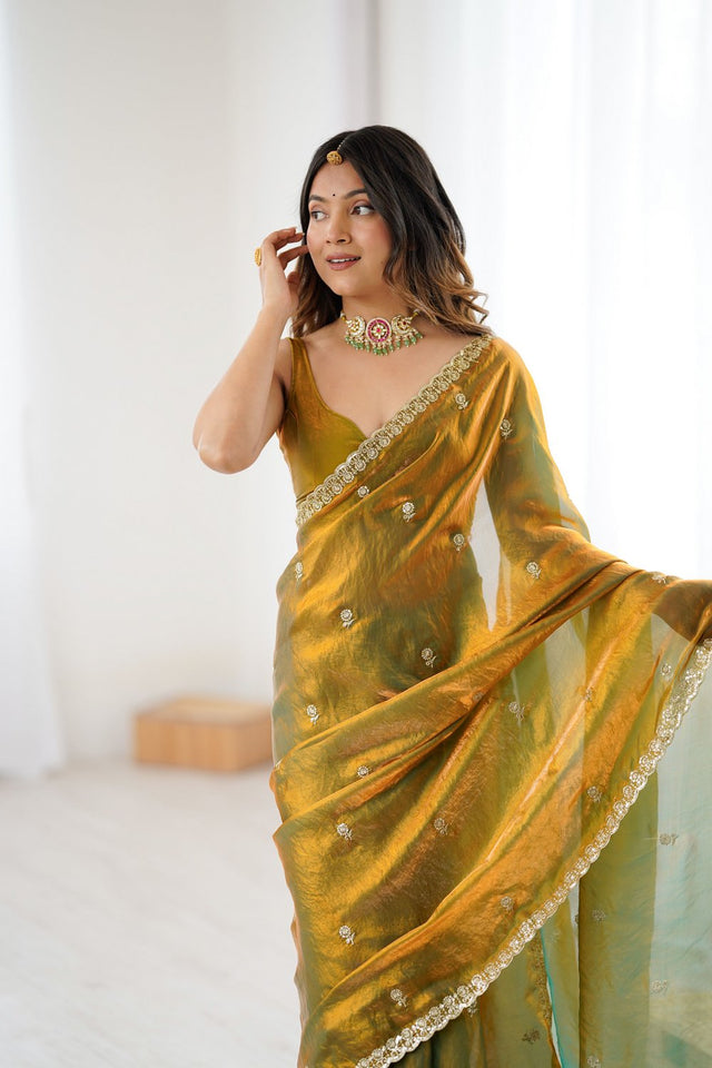 Gold Two Tone with Embroidered Satin Saree (ACA9101)