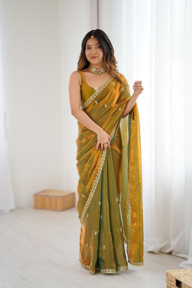 Gold Two Tone with Embroidered Satin Saree (ACA9101)