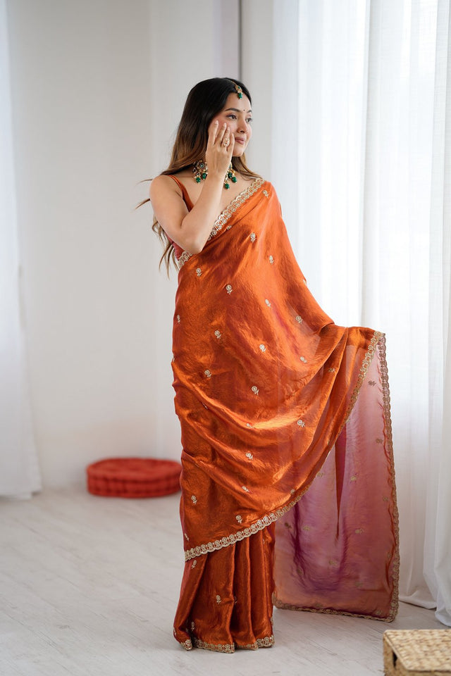 Orange Two Tone with Embroidered Satin Saree (ACA9102)