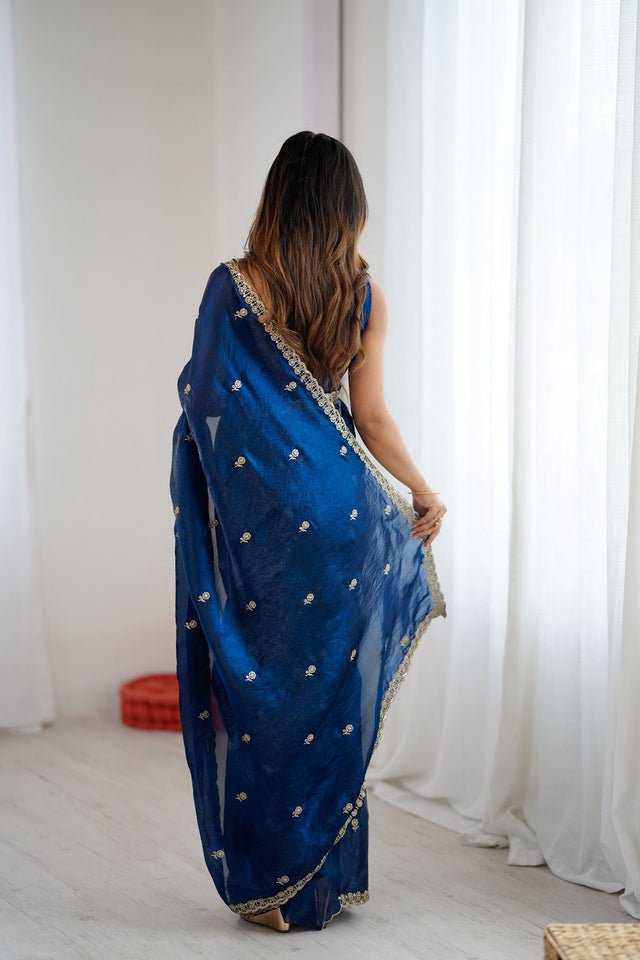 Turquoise Two Tone with Embroidered Satin Saree (ACA9104)