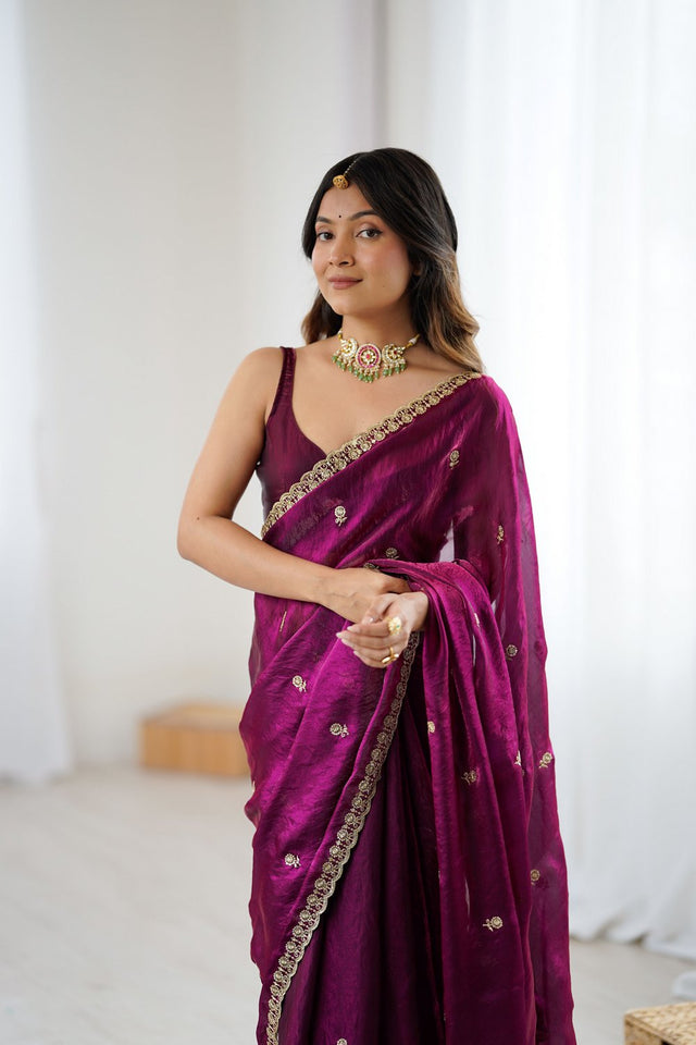 Wine Two Tone with Embroidered Satin Saree (ACA9105)