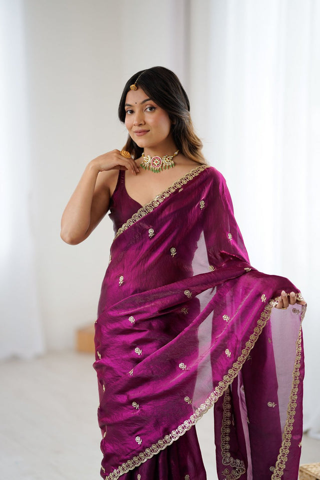Wine Two Tone with Embroidered Satin Saree (ACA9105)