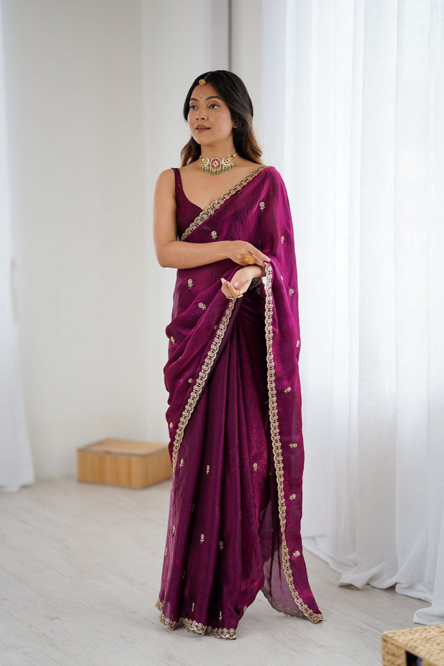 Wine Two Tone with Embroidered Satin Saree (ACA9105)